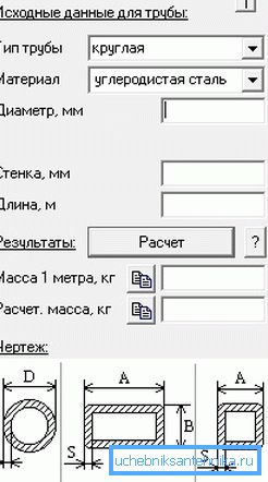 Vmesnik kalkulatorja, izdelan za izračune cevi