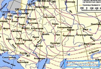 Zemljevid prikazuje vrednosti globine zmrzali za različne regije post-sovjetskega prostora (vmesne vrednosti določajo interpolacija) Zemljevid prikazuje vrednosti globine zmrzali za različne regije post-sovjetskega prostora (vmesne vrednosti določajo interpolacija)